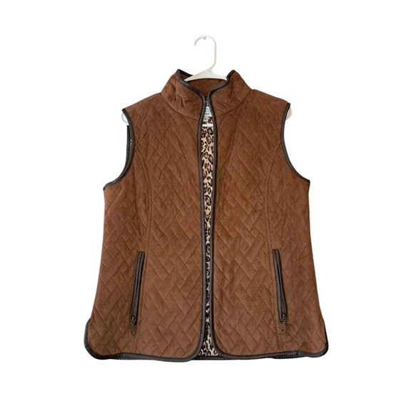 Tasha Polizzi Women's Collection Size L BrownFaux Swede Leopard Print Vest Jacke - Picture 1 of 13